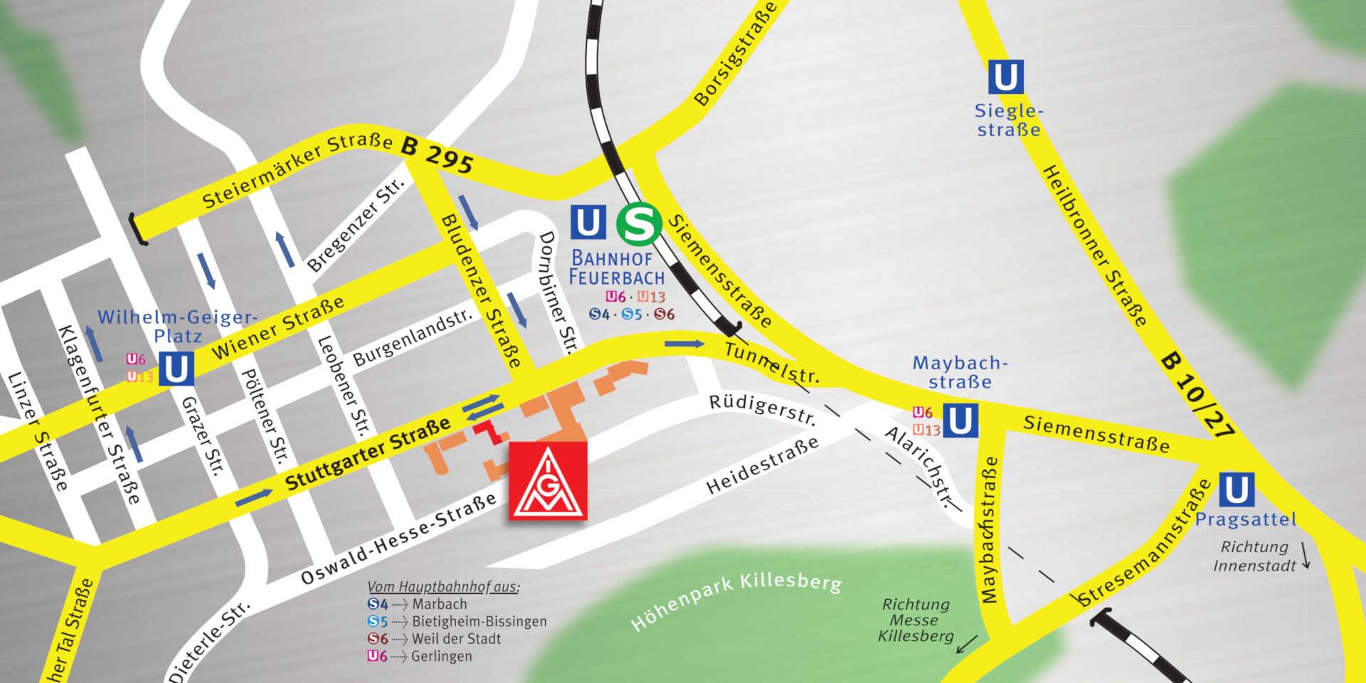 Lageplan der IG Metall Bezirksleitung in Stuttgart-Feuerbach