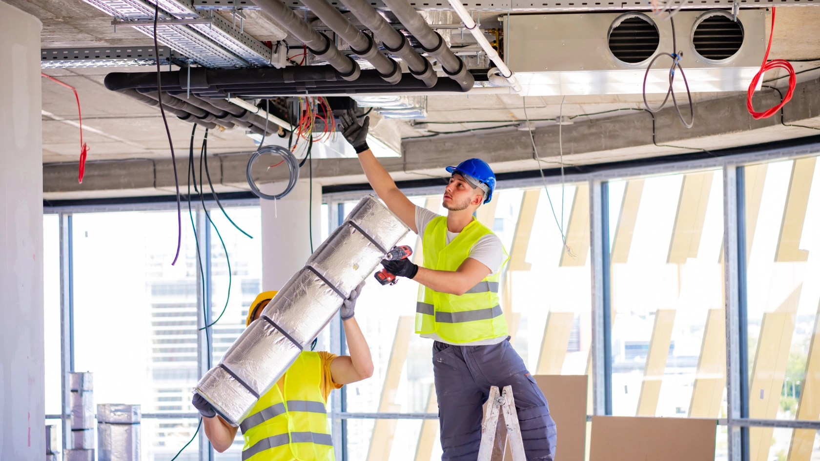 Beschäftigte richten eine Lüftungsanlage in einem Neubau ein