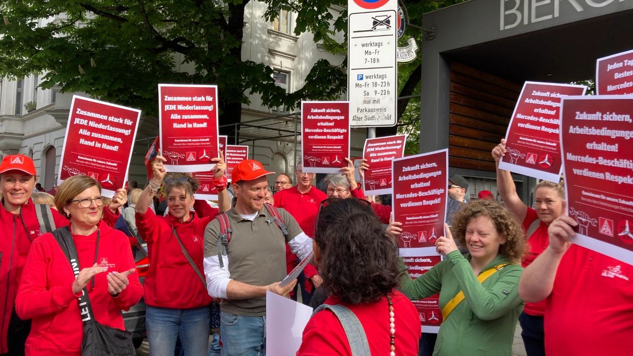 Demonstrationen und Kundgebungen am 1. Mai 2024 an verschiedenen Orten um die Mercedes-Benz-Niederlassungen.