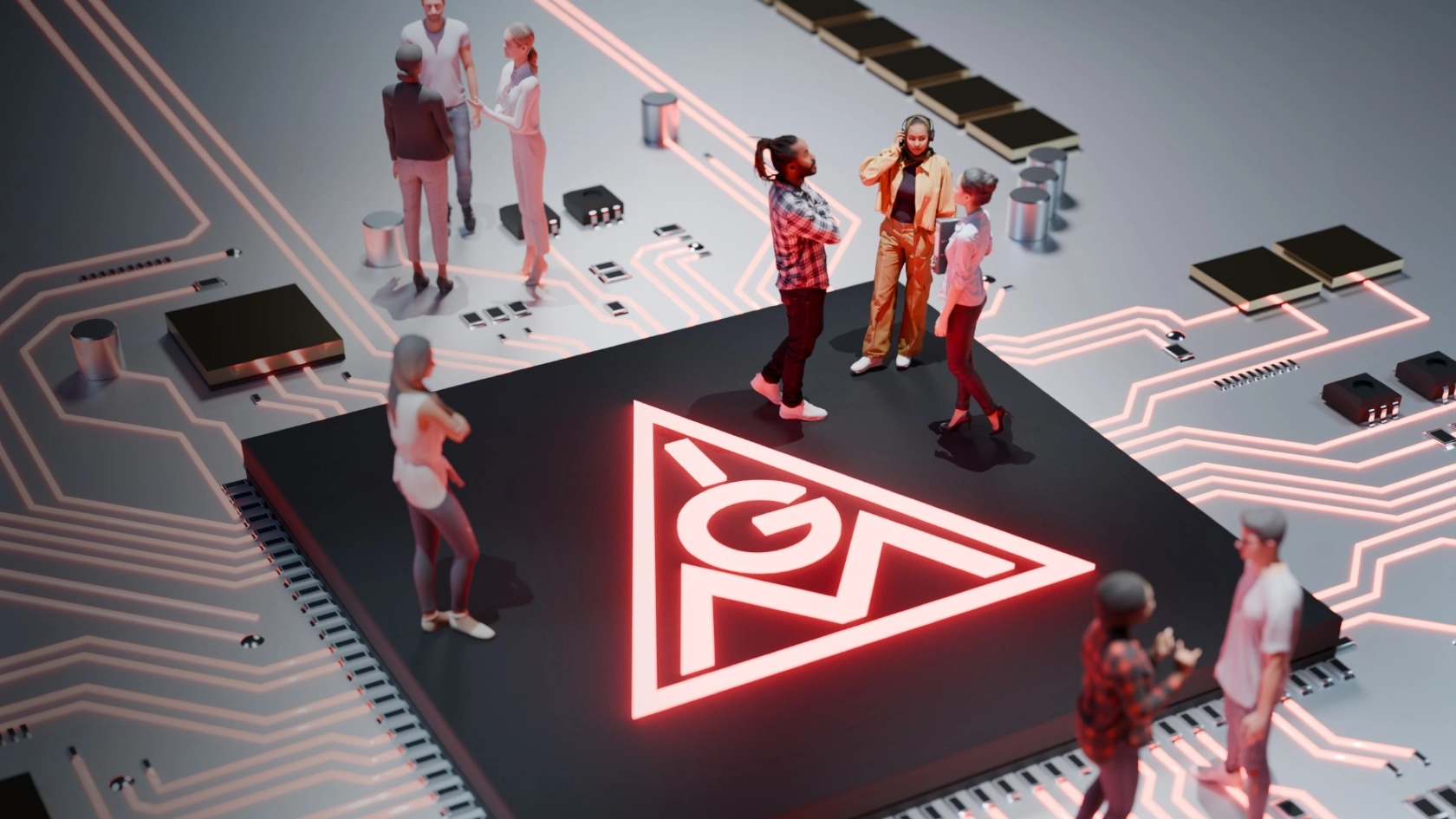 Symbolbild mit Figuren auf einem Chip / Halbleiter mit IGM-Logo.