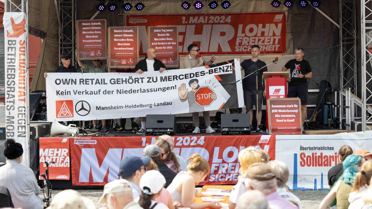 Demonstrationen und Kundgebungen am 1. Mai 2024 an verschiedenen Orten um die Mercedes-Benz-Niederlassungen.