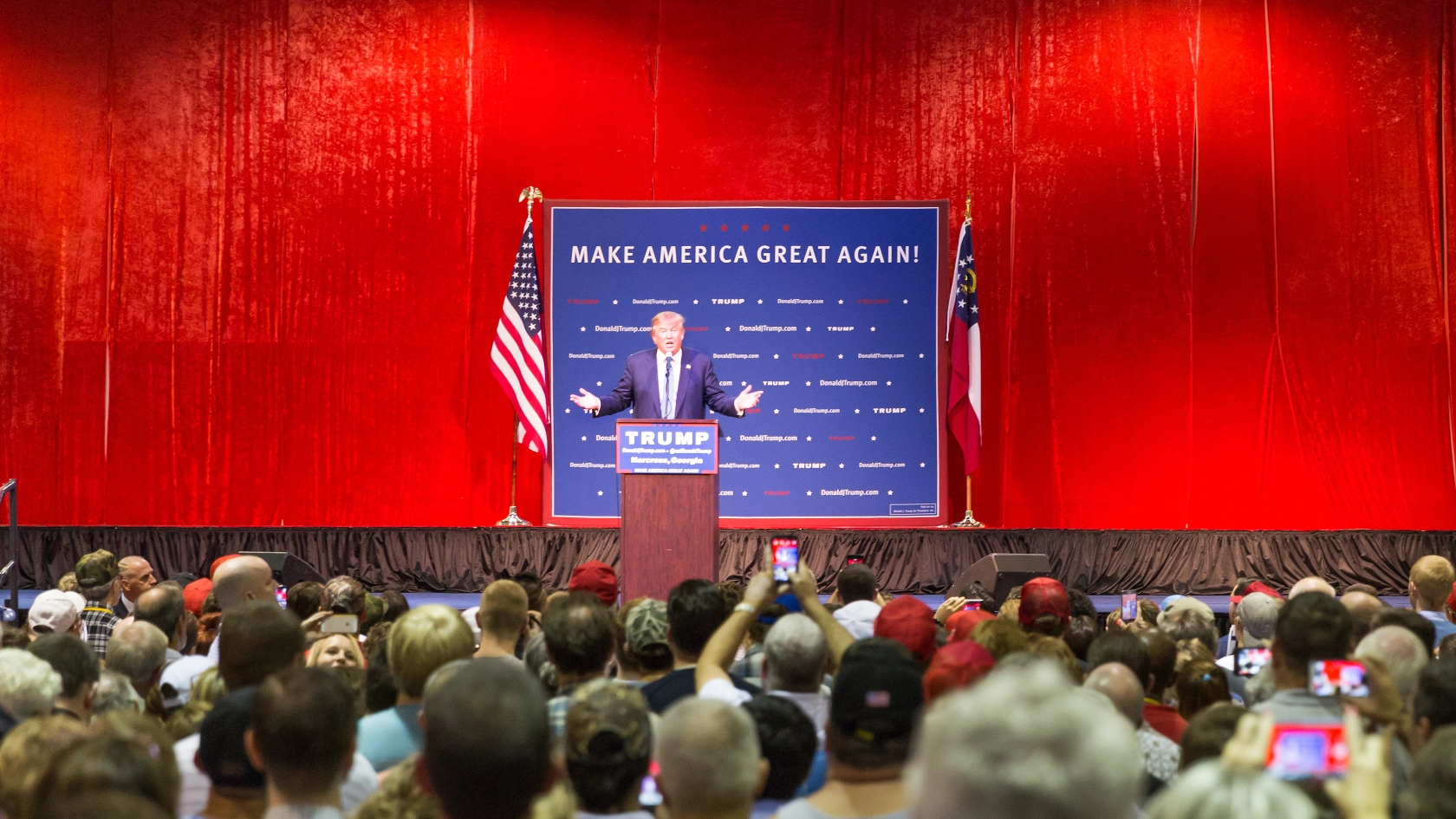 Norcross, GA, USA - October 10, 2015: Presidential candidate and Republican party nominee Donald Trump giving a speech at a rally in Georgia.
