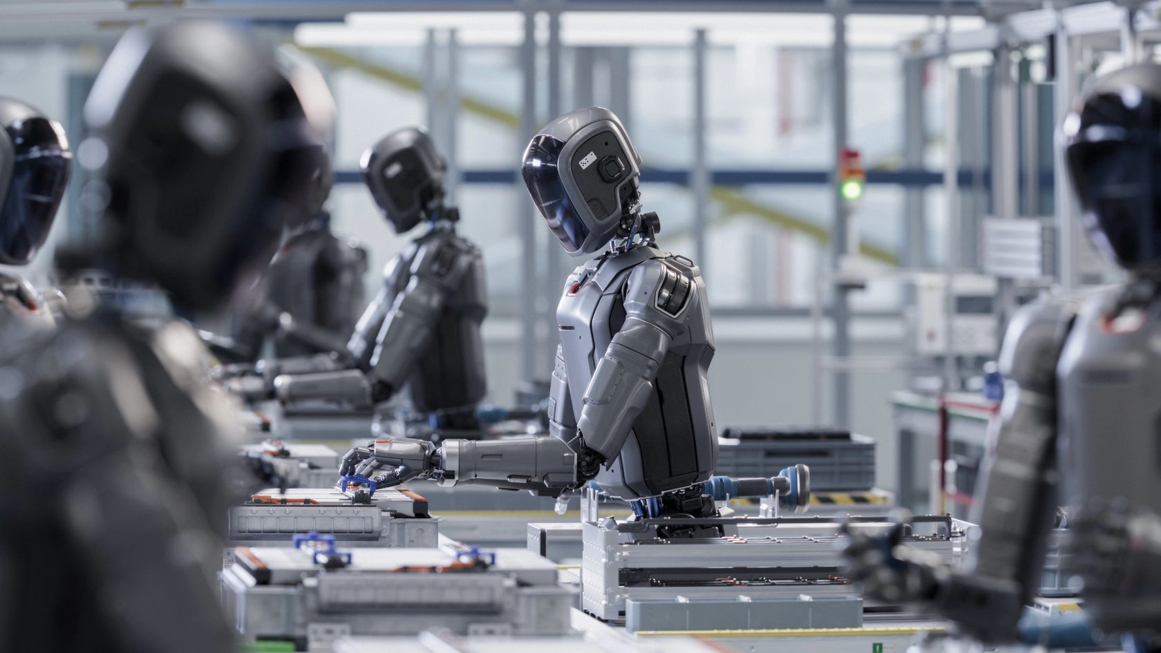 3D-Rendering: Industrielle KI-Transformation: Fortschrittlicher menschenähnlicher Roboter, der in industrieller Umgebung arbeitet. Autonome, KI-gestützte humanoide Allzweckroboter "arbeiten" in der Fabrik am Fließband.