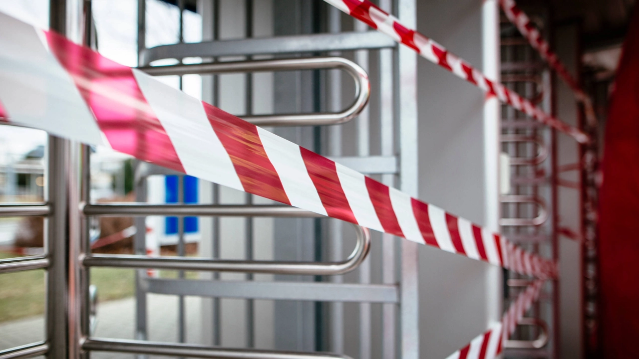 Mit Flatterband abgesperrtes Werkstor.