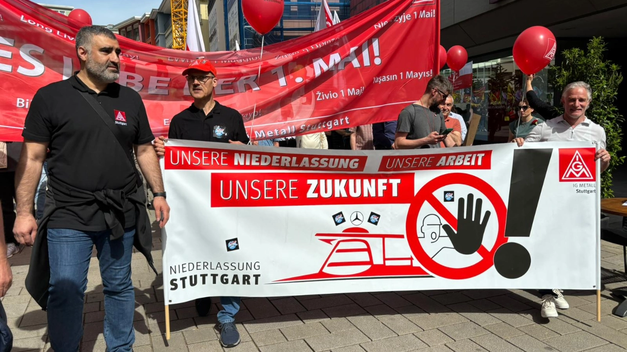 Demonstrationen und Kundgebungen am 1. Mai 2024 an verschiedenen Orten um die Mercedes-Benz-Niederlassungen.