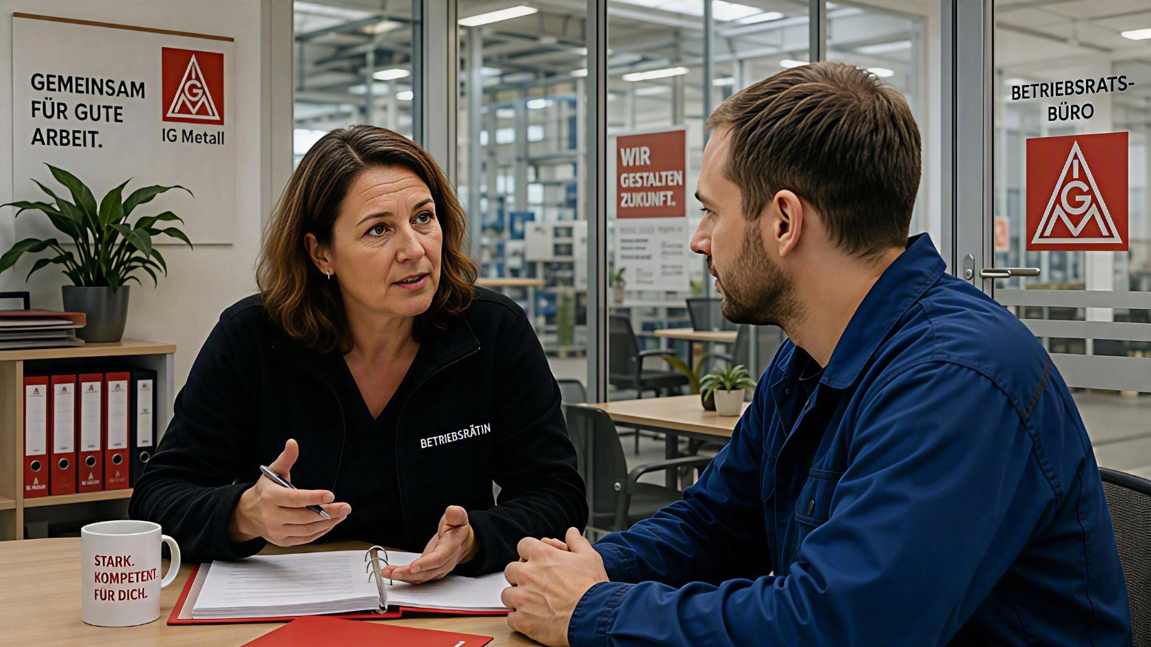 Beratungsszene in einem transparenten Betriebsratsbüro mit Blick in den Industriebetrieb.