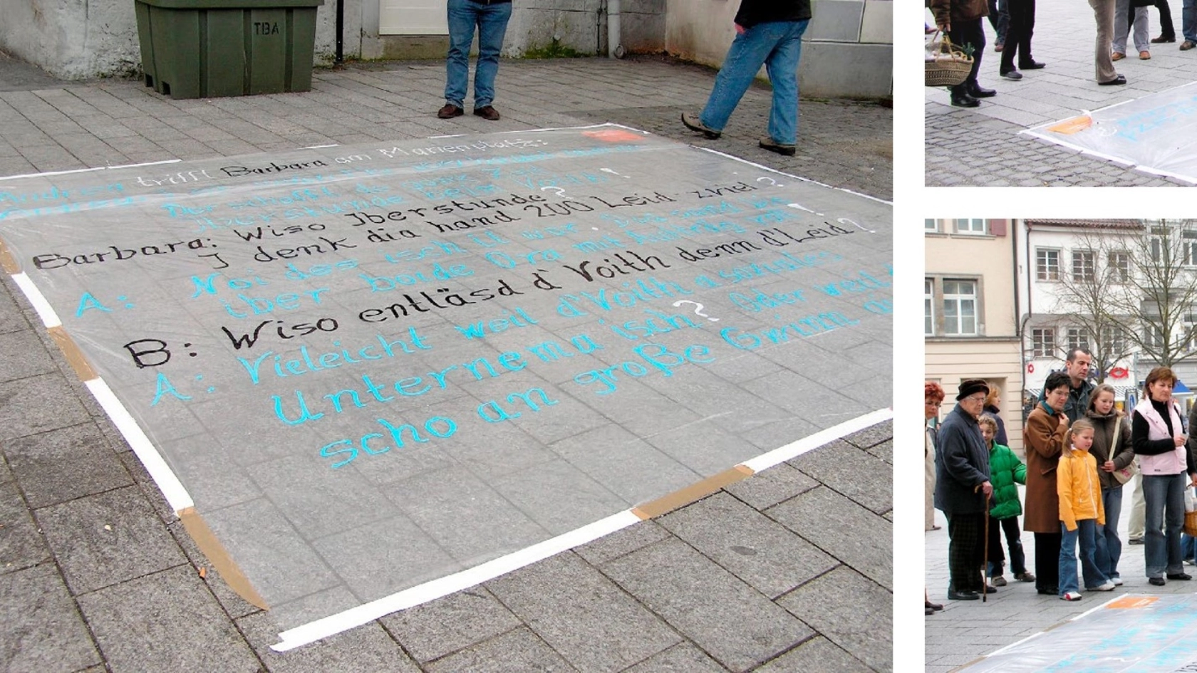 Aktion mit Bodenzeitung zu Voith als beteiligungsorientierter Infostand ohne Aufsicht.