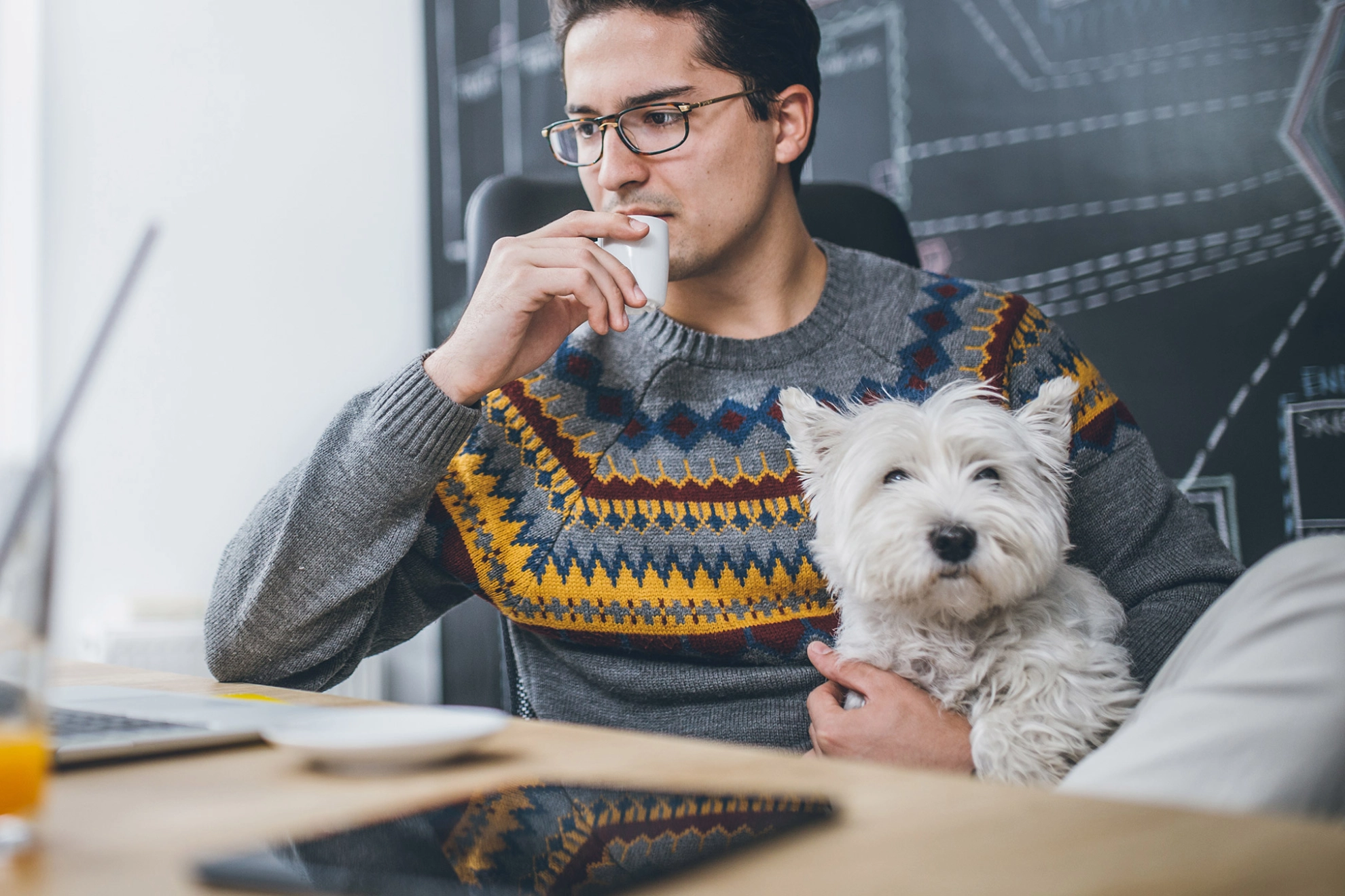 Mann mit seinem Hund am Arbeitsplatz