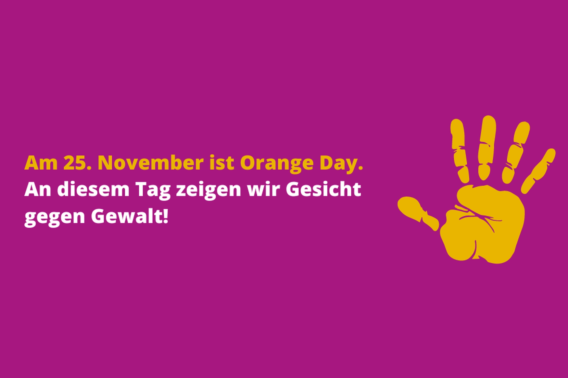 Orange Day Logo, Lila Hintergrund, mit Schrift „am 25. November ist Orange Day“, Orangene Hand 