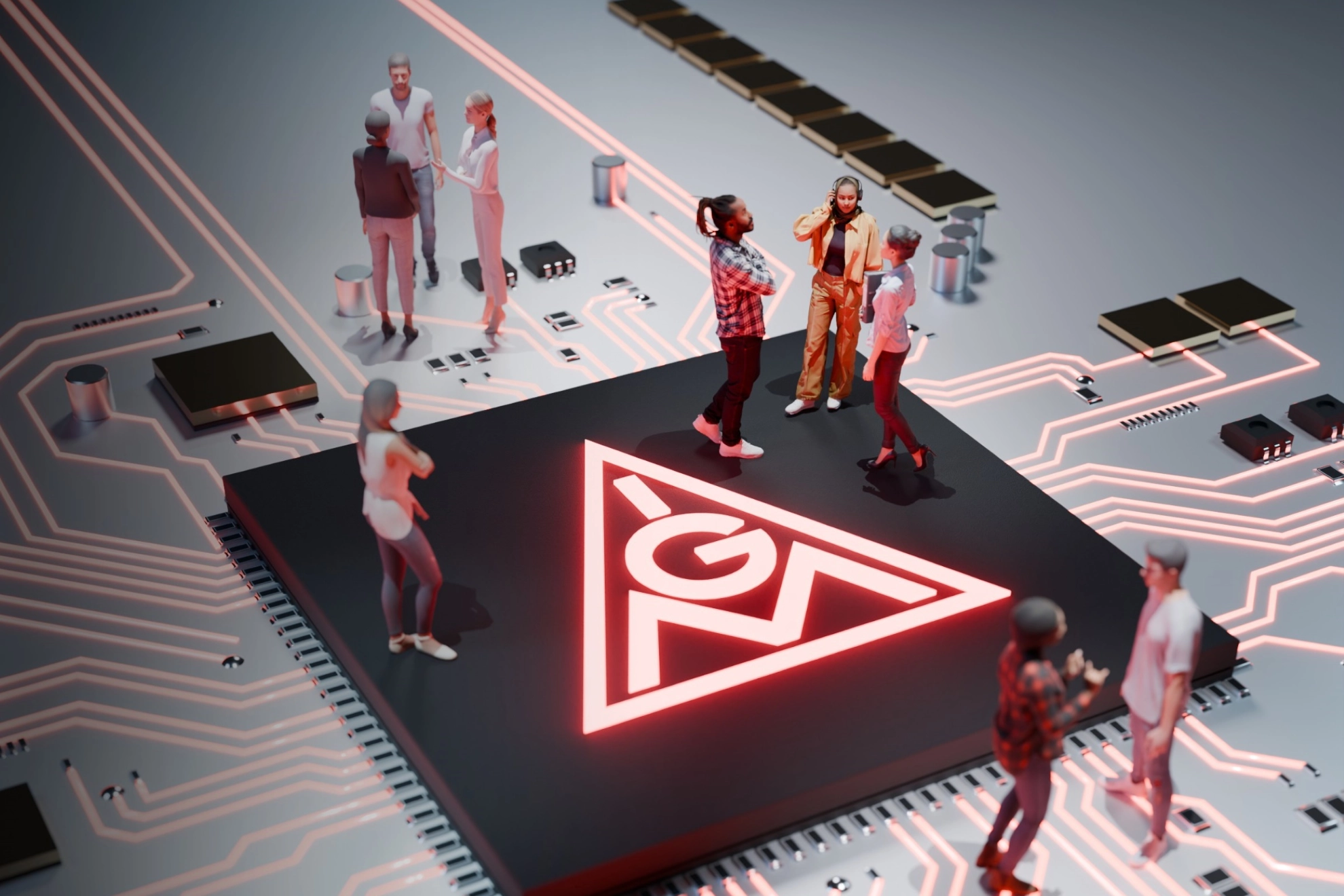 Symbolbild mit Figuren auf einem Chip / Halbleiter mit IGM-Logo.