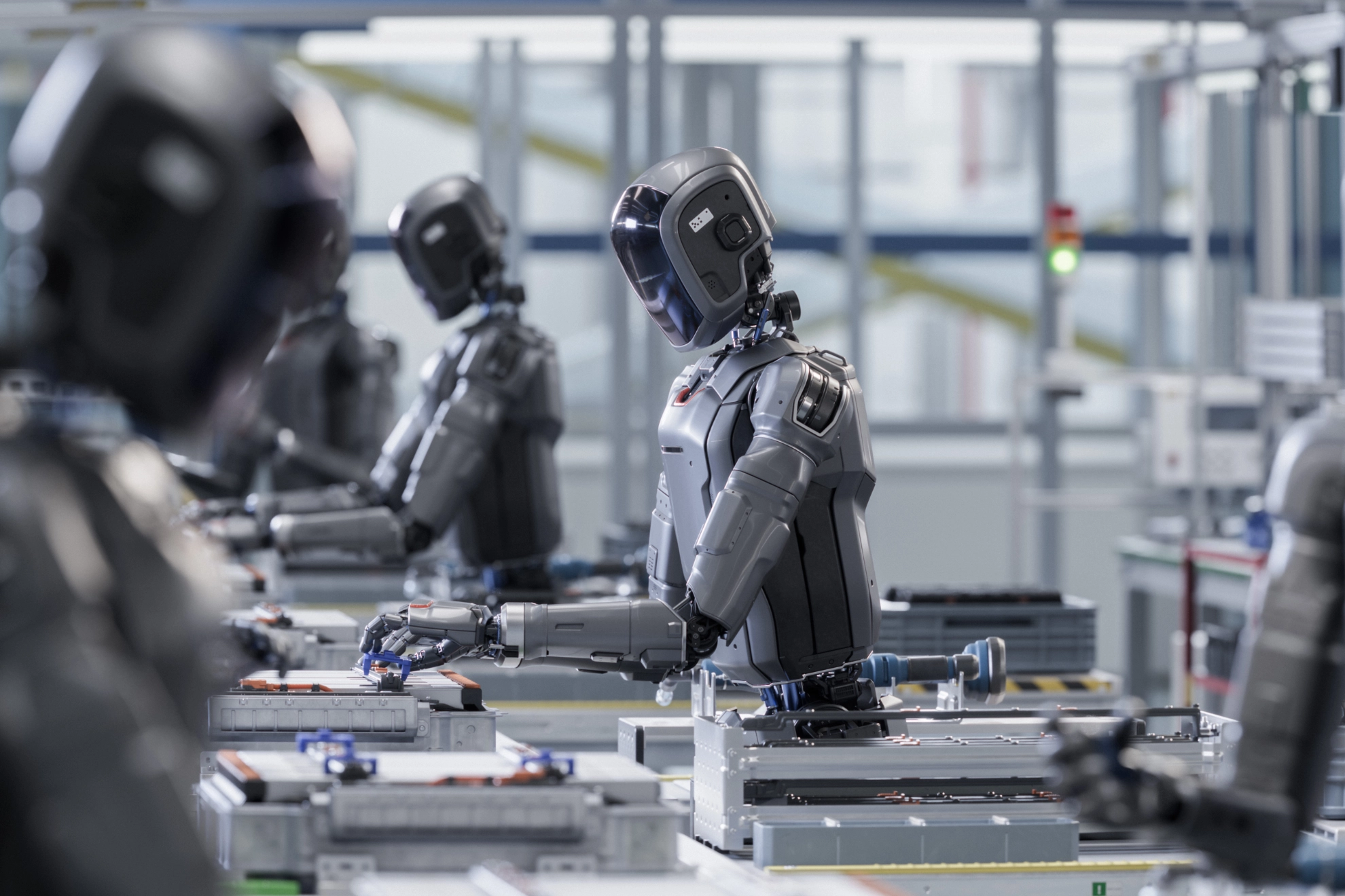 3D-Rendering: Industrielle KI-Transformation: Fortschrittlicher menschenähnlicher Roboter, der in industrieller Umgebung arbeitet. Autonome, KI-gestützte humanoide Allzweckroboter "arbeiten" in der Fabrik am Fließband.