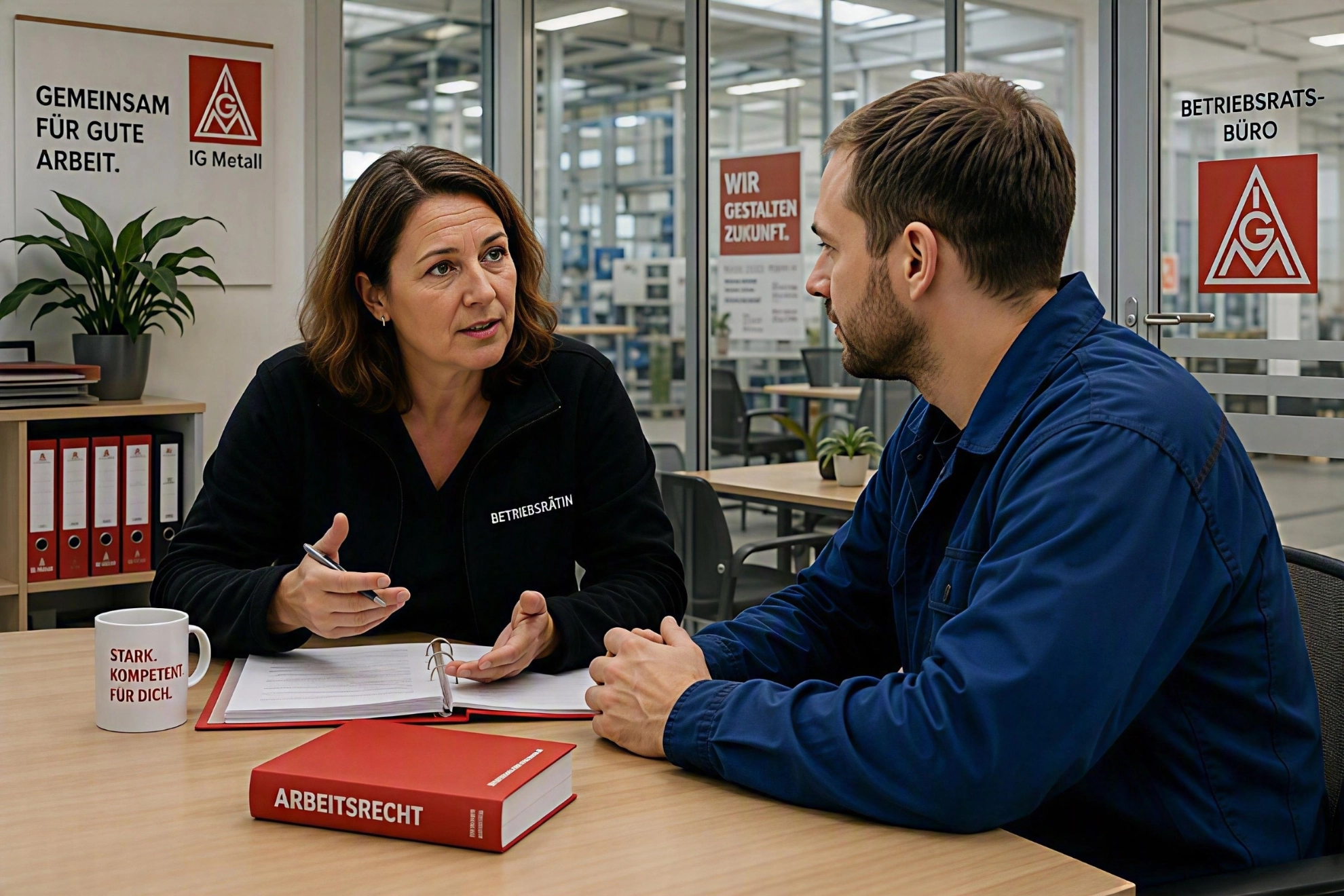 Beratungsszene in einem transparenten Betriebsratsbüro mit Blick in den Industriebetrieb.