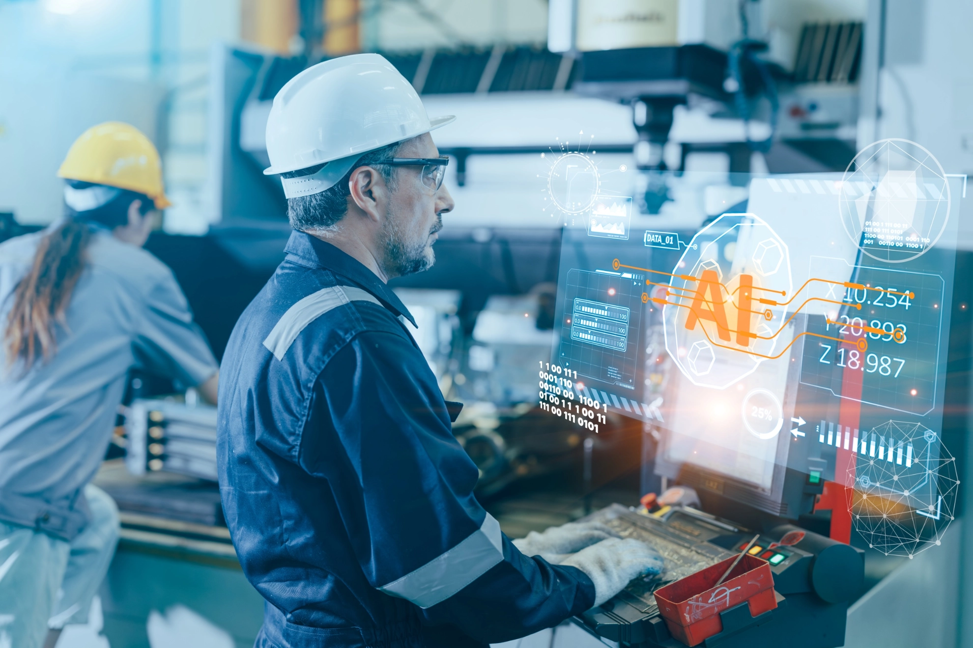 KI-Engineering. Ingenieur bzw. Fabrikarbeiter in moderner Industrie mit KI-Technologie.