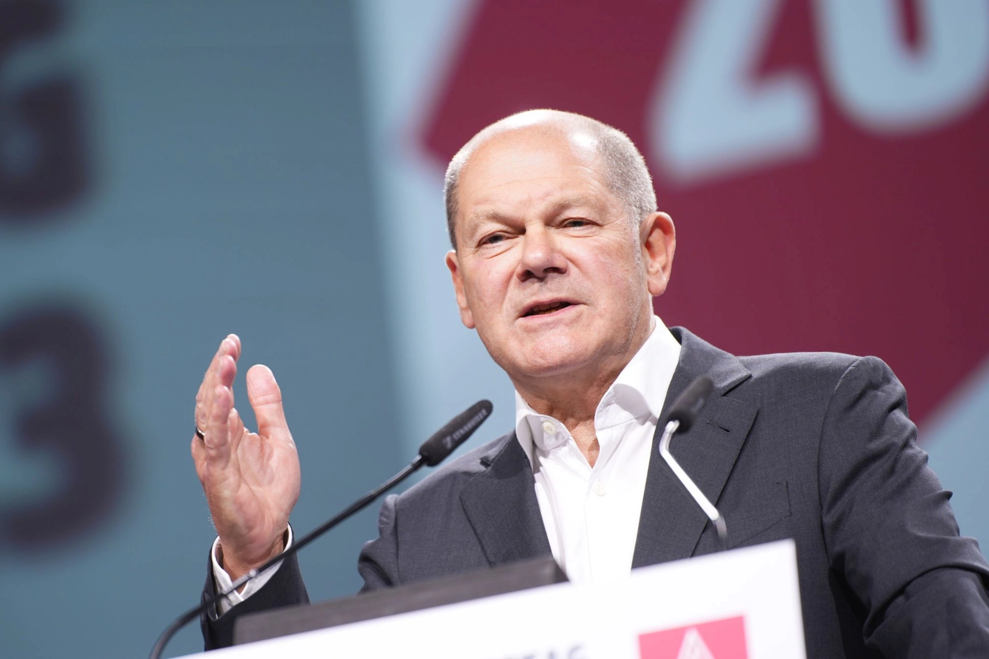 Bundeskanzler Olaf Scholz auf dem 25. Ordentlichen Gewerkschaftstag der IG Metall in Frankfurt.