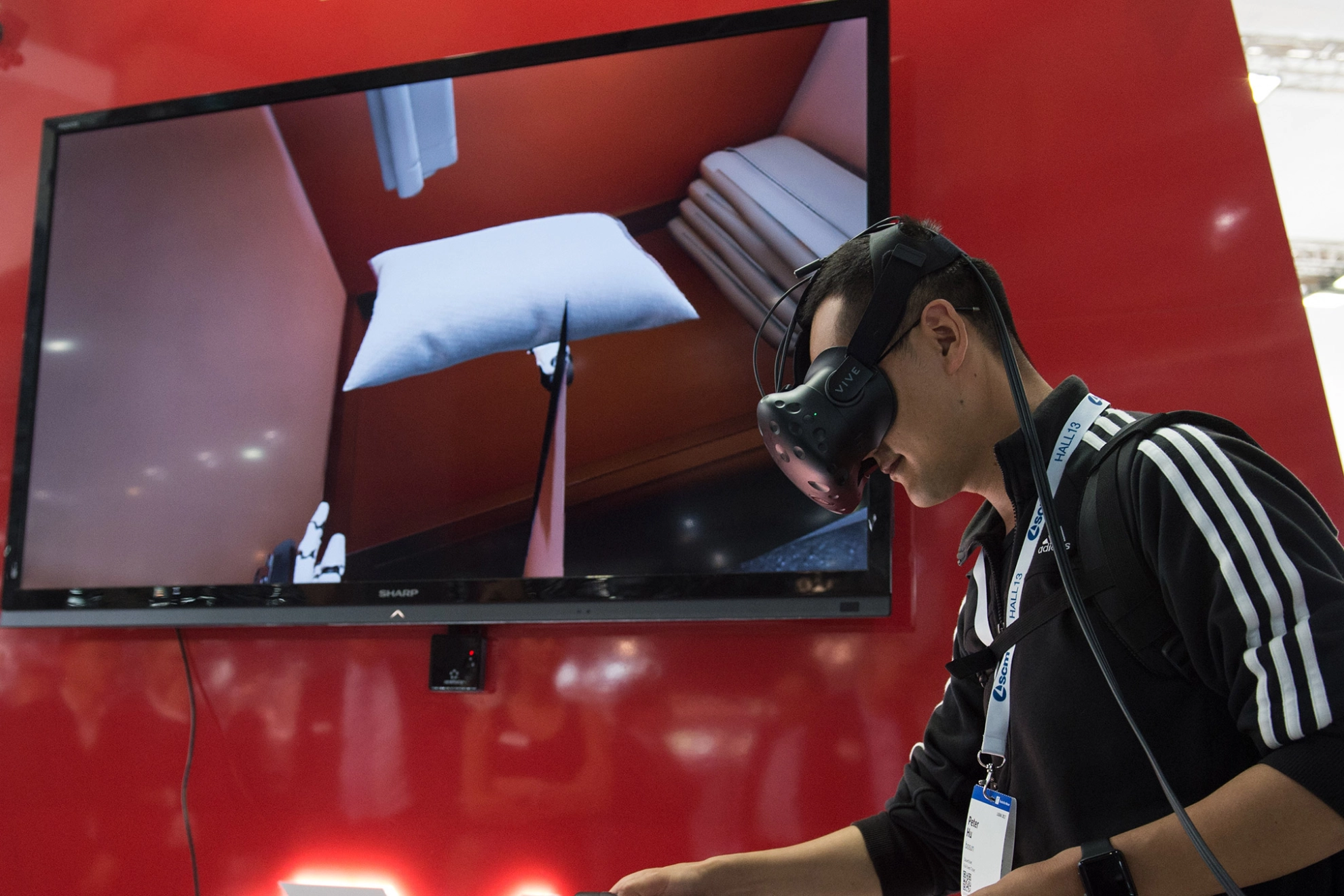 Mann auf der Messe Ligna mit virtual Reality Brille und Controllern