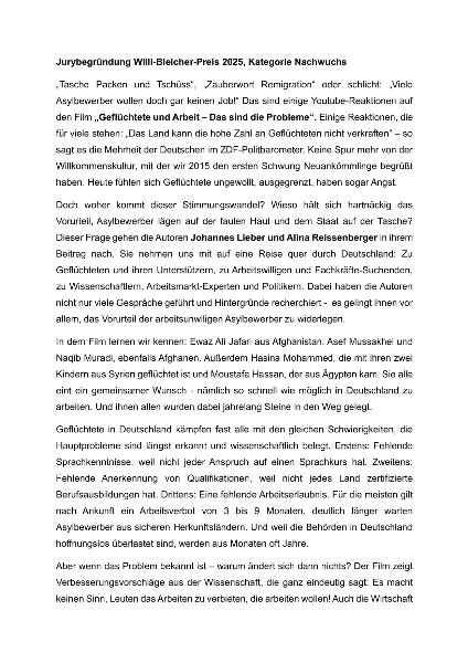 Laudatio für Johannes Lieber und Alina Reissenberger