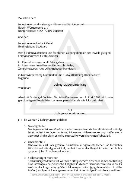 Technische Gebäudeausrüstung: Lohngruppeneinteilung NW/NB und SW/HZ