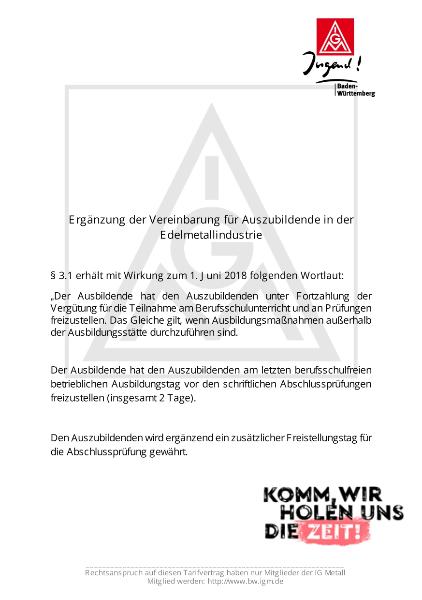 Edelmetallindustrie: Vereinbarung für Auszubildende – Ergänzung