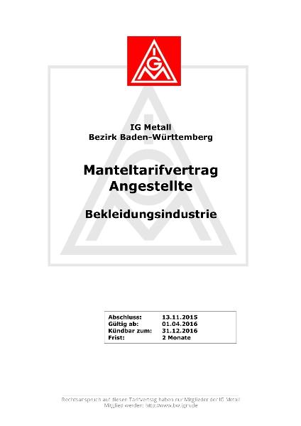Bekleidungsindustrie: Manteltarifvertrag für Angestellte