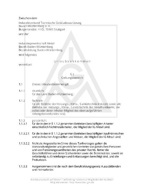 Technische Gebäudeausrüstung: Urlaubsabkommen