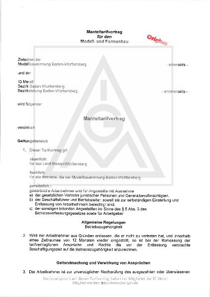 Modell- und Formenbau: Manteltarifvertrag