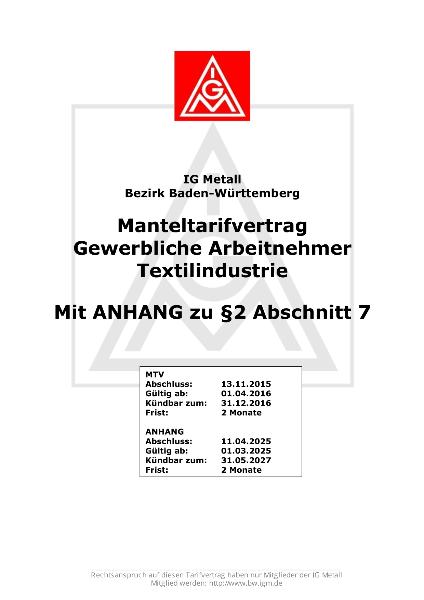 Textilindustrie: Manteltarif für Arbeitnehmer mit Anhang zu §2 Abschnitt 7