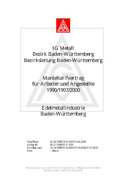 Edelmetallindustrie: Manteltarifvertrag 2000