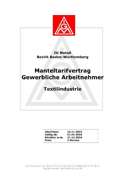Textilindustrie: Manteltarifvertrag für Arbeitnehmer