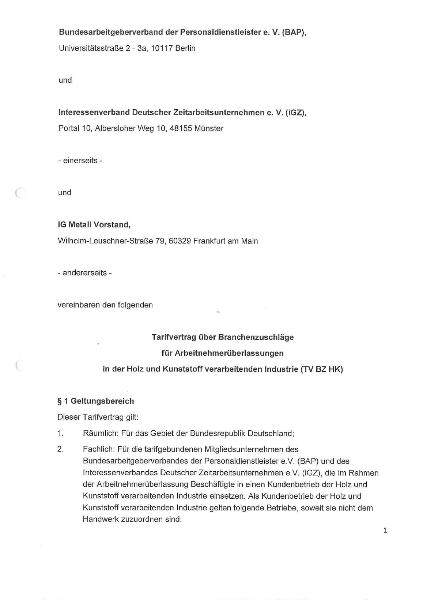 Holz- und Kunststoffindustrie Leih- und Zeitarbeit: Branchenzuschläge
